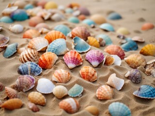 Background for summer holidays Colored seashells on beach