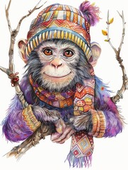 Obraz premium Cute Winter Monkey with Colorful Hat and Scarf - Holiday Card Design