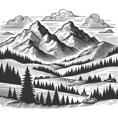 majestic mountain landscape with a dense pine forest in the foreground sketch engraving generative ai fictional character raster illustration. Scratch board imitation. Black and white image.