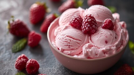 Close-up image of vibrant pink raspberry scoops in a bowl surrounded by fresh berries on a dark surface
