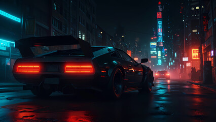 Black sports car driving on wet street. Fascinating scene of futuristic night city