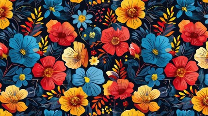 Bright flowers on dark background in red yellow and blue colors Summer design for printing Seamless pattern suitable for textile and paper