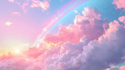 The sun is peeking through the clouds, painting the sky with an azure hue while a rainbow stretches across the atmospheric phenomenon, creating a stunning afterglow of pink and orange sunlight