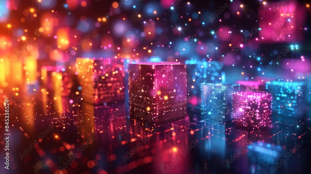 Poster high-resolution image of data blocks illuminated in vivid colors with digital network and futuristic