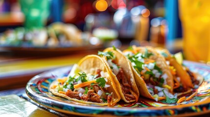 Delicious Mexican tacos with meat, beans and vegetables on a dark background. Close up