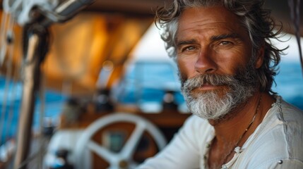 Older man with grey hair and beard at the helm of a sailboat, surrounded by equipment