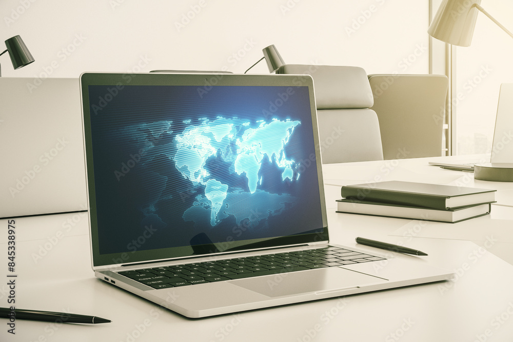 Leinwandbilder computer monitor with abstract creative digital world map, globalization concept. 3d rendering