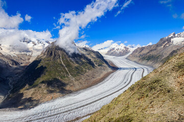 Beautiful view of the Great Aletsch Glacier in Valais canton, Switzerland. View from Eggishorn