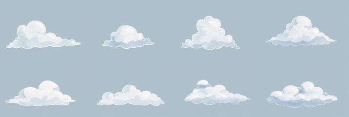 set of eight whimsical cartoon-style cloud illustrations on a light blue background, perfect for adding a playful touch to any design.