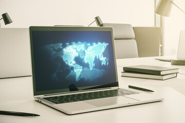 Computer monitor with abstract creative digital world map, globalization concept. 3D Rendering