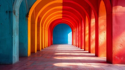 This image captures a colorful path under arched ceilings transitioning from red to blue hues, bathed in natural light