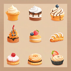 set of cakes and sweets