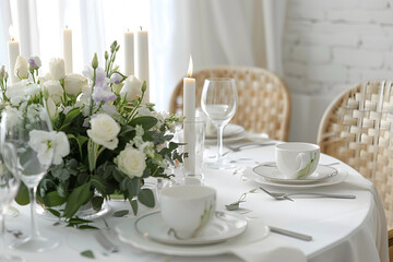 Fototapeta premium Beautiful table setting with eustoma flowers and candles for wedding celebration in room
