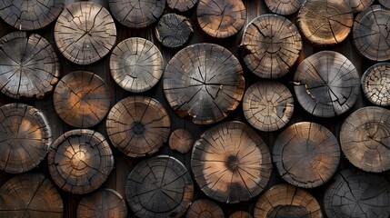 Distinctive wood circles with natural cracks, providing a textured background for rustic aesthetics.