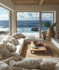Fototapeta premium Minimalist coastal home with modern wooden furniture in serene beachfront setting. Clean lines and neutral tones for calm and relaxation.