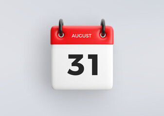 3D calendar icon with date 31 August on grey background. Vector schedule symbol.
