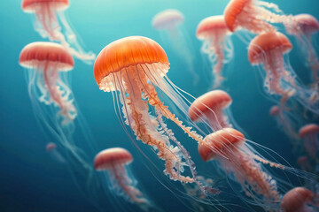 Glowing transparent jellyfish floats underwater, turquoise water, underwater world.