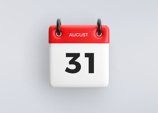 3D calendar icon with date 31 August on grey background. Vector schedule symbol.