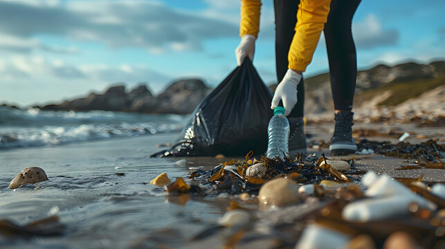 Person picking up plastic bottles and trash on a beach, demonstrating environmental responsibility and the importance of keeping our natural habitats clean and free from pollution