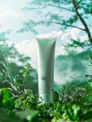 The scene includes nature-inspired elements like trees, leaves or water to create harmony between natural beauty and cosmetic products.