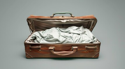 Open suitcase with clothes isolated on light blue