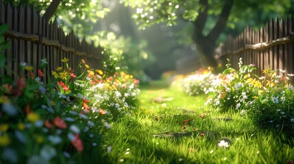 Detailed photo-realistic scene of a summer garden with green grass, flowers, wooden fence, and a path lit by sunshine