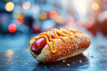 Street Food Hotdog with Mustard and Relish on Urban Night Background