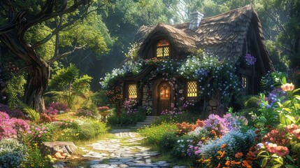 3D illustration of a quaint thatched fairy cottage, set in a vibrant enchanted forest with blossoming flowers and lush gardens