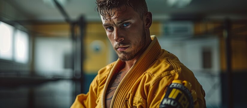 Male Brazilian Jiu-Jitsu Athlete Gears Up for Training