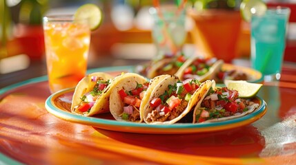 Delicious Mexican tacos with meat, beans and vegetables on a dark background. Close up