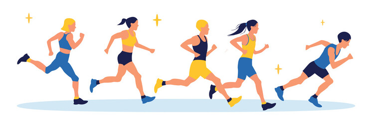 Set of  cartoon characters of young people running.  Healthy lifestyle. Lose weight. Sports, running, training,  jogging, marathon, city competition, marathons, cardio workout, exercise.
