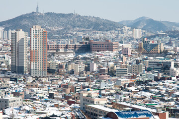 View of the old city covered with snow