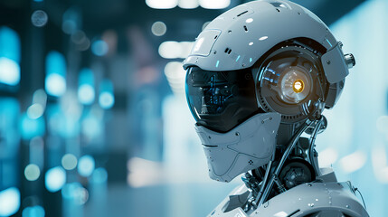 Fototapeta premium 3D rendering showcasing a futuristic robot imbued with advanced artificial intelligence capabilities, blending sleek mechanical design with the enigmatic essence of AI technology.