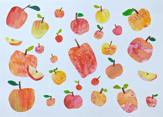 カラフルな、いろいろな種類のりんご、果物の手描き, 水彩, イラスト, 