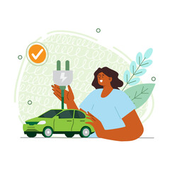 Vector illustration on the theme of energy saving and environmental protection. The girl holds a car charger in her hands.