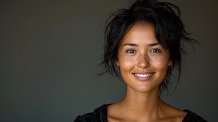 Fototapeta premium A woman smiles brightly for the camera, her face illuminated by the soft light