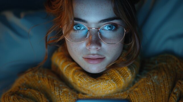 A woman wearing glasses and a yellow sweater looks intently at her phone, lost in the glow of the screen