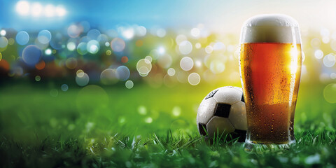Close-up soccer ball with glass of beer stand on the grass with a stadium at the blur bokeh background. Background for sports event poster, banner design, website banners. International Beer Day, Euro