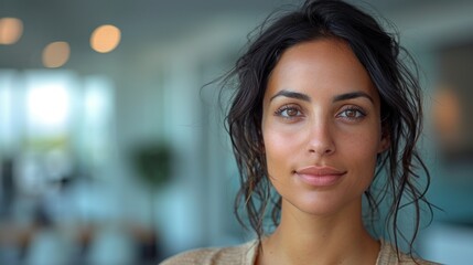 A woman with long, dark hair smiles softly, her eyes filled with a sense of calm confidence