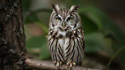 Close-up of an owl perched on a tree in the forest, with gray feathers featuring shades of brown, black, and white. It is standing on a branch, with big, staring eyes. A wild bird
