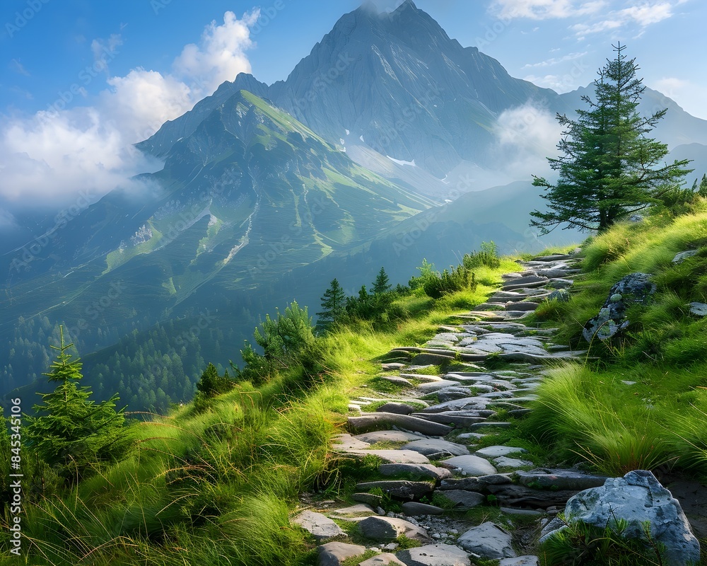 Wall mural Scenic mountain trail winding through lush green landscape with majestic peaks in the distance