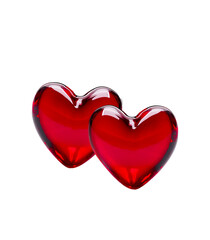 Fototapeta premium Two red transparent heart-shaped glass , wedding card design or Happy Valentine's day greeting template, Beautiful and high quality Ruby gemstone with a precision cut 