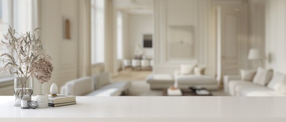 A white living room with a vase of flowers on a table