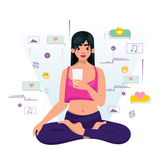 Young woman in a lotus pose uses her cellphone. The background is filled with social media icons such as hearts, smiles, and music notes
