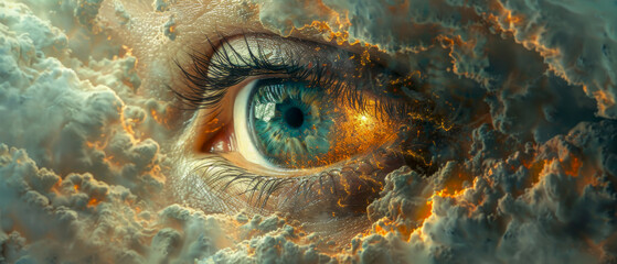 Close up of person's eye with blue iris and yellowish orange iris, surreal and dreamlike