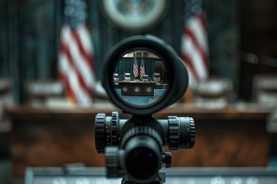 View of a politician through the optical sight of a sniper rifle, assassination