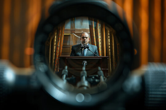 View of a politician through the optical sight of a sniper rifle, assassination