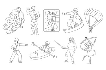 Set of isolated thin line sports activities icons. Collection of vector healthy lifestyle illustrations