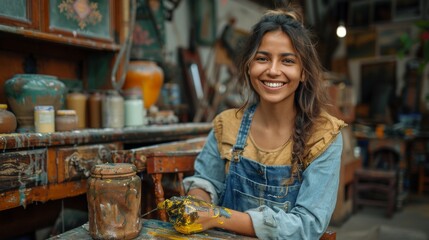 A joyful young female potter covered in clay smiles while working in her pottery studio, surrounded by artistic tools