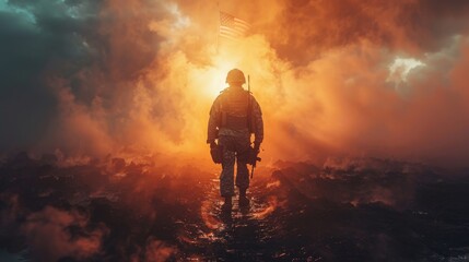 Obraz premium A lone soldier walks towards a fluttering American flag amid smoky fire, with a strong sense of drama
